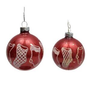 Vintage Rauch Red Glass Christmas Ornaments Glitter Stocking Design Set of 2